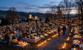 Pokojný slovenský cintorín za súmraku s množstvom horiacich sviečok a kahancov