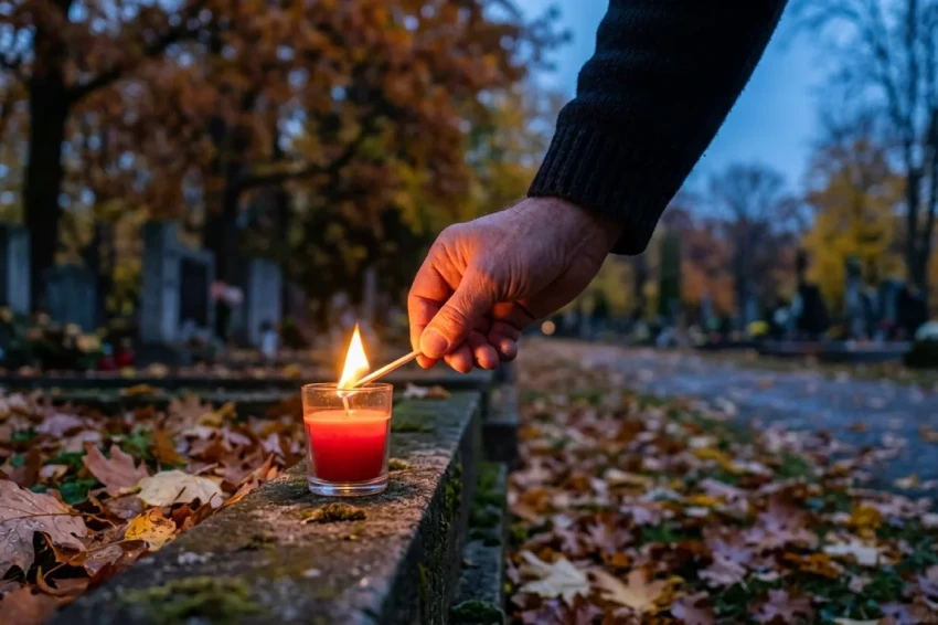 Ruka zapaľuje sviečku pri jesennom súmraku