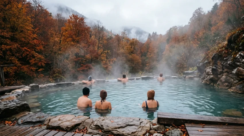 Ľudia relaxujú v teplej termálnej vode pri chladnom jesennom počasí