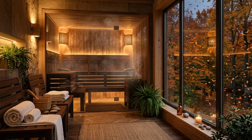 Wellness a saunová atmosféra s výhľadom do jesennej prírody